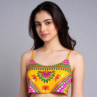 Woman in colorful crop top