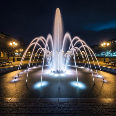Illuminated fountain at night