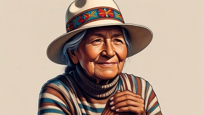 Elderly woman wearing colorful hat