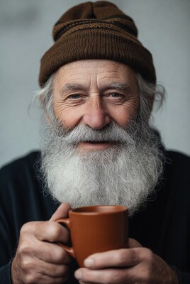 Elderly man holding coffee mug