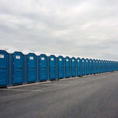 Row of blue portable toilets