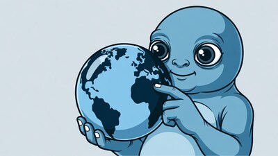 Blue alien holding Earth