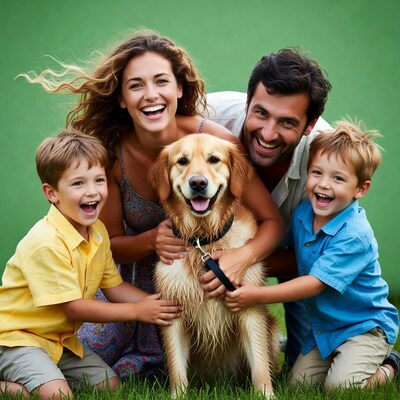 Happy family with golden retriever