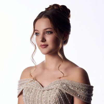 Young woman in beaded gown