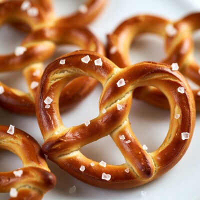 Salted pretzels on white background
