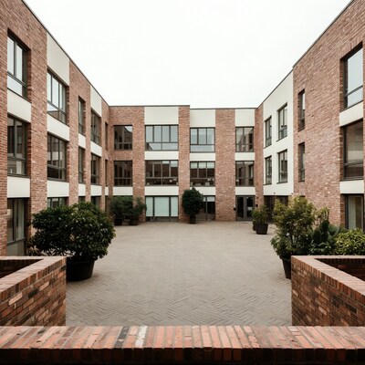 Brick courtyard with potted plants