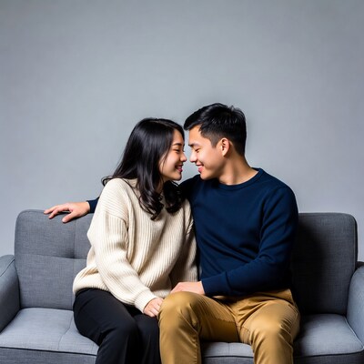 Asian couple on gray couch