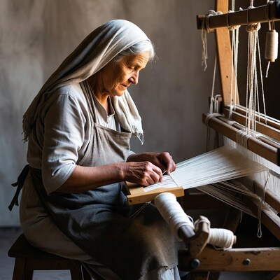 Elderly woman weaving on loom