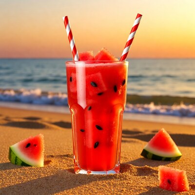 Watermelon smoothie on beach