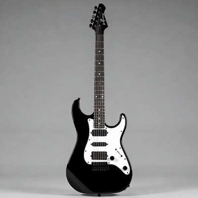 Black electric guitar on gray background