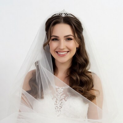 Smiling bride wearing tiara and veil