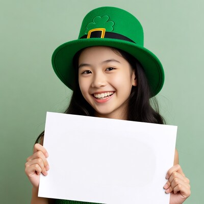 Girl in green hat holding sign