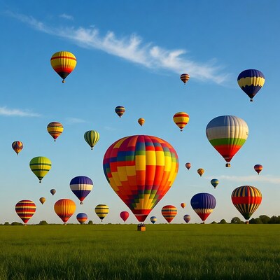 Colorful hot air balloons over green field