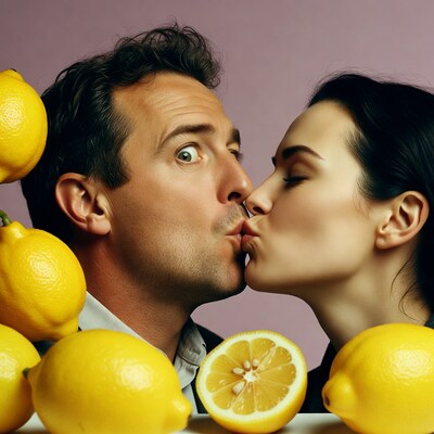 Man and woman kissing with lemons