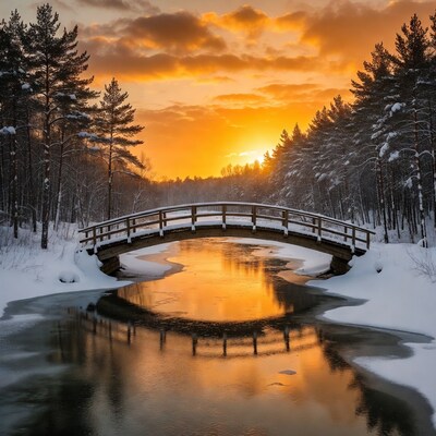 Snowy bridge over frozen river at sunset