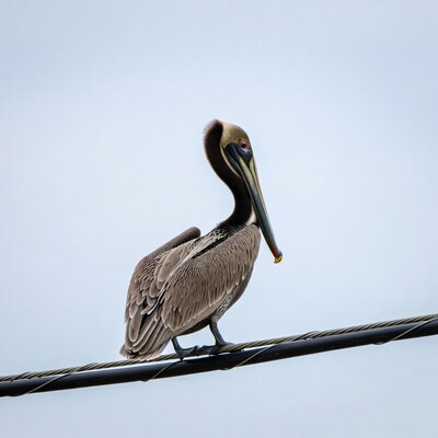 Brown pelican on wire