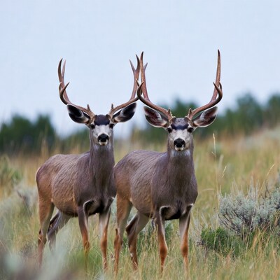 Two mule deer bucks in field