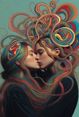 Two women kissing with colorful hair