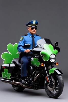 Police officer on motorcycle with shamrocks