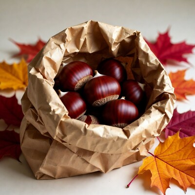 Chestnuts in paper bag with autumn leaves