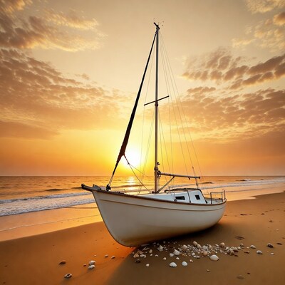 Sailboat on beach at sunset