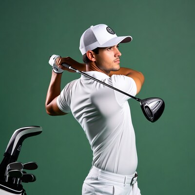 Male golfer swinging golf club