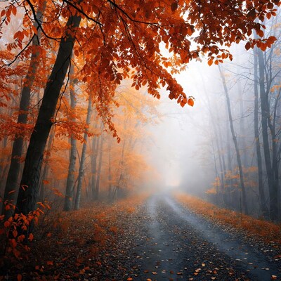 Autumn road in foggy forest