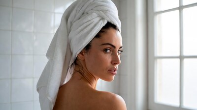 Woman with towel on head