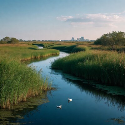 Swans in marsh with city skyline