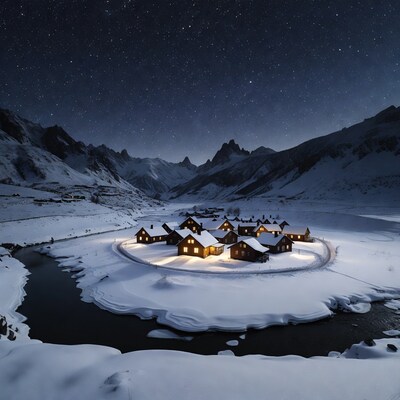 Snowy village under starry night sky