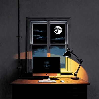 Computer on desk with moonlit window