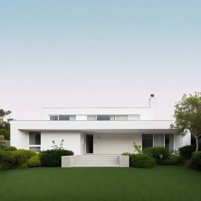 Modern white house with green lawn