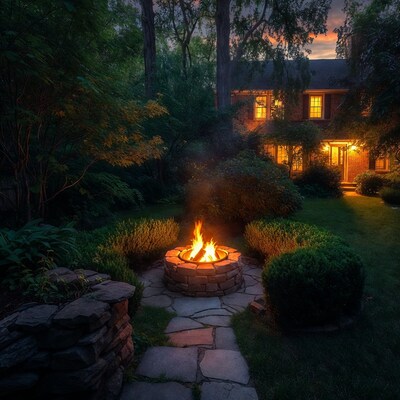 Backyard fire pit at dusk