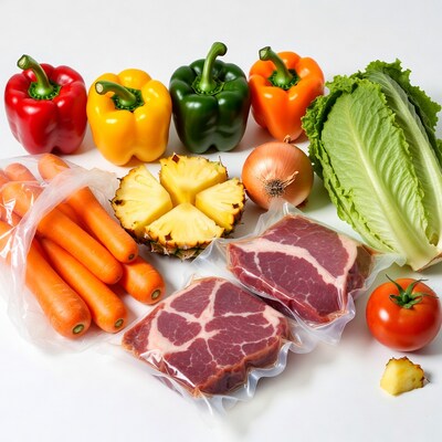 Fresh vegetables and meat on white background