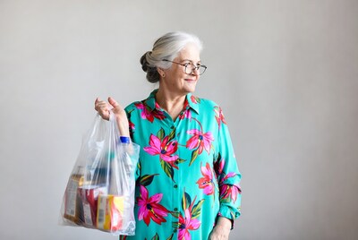 Elderly woman holding grocery bag