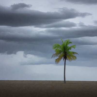 Palm tree on beach under stormy sky