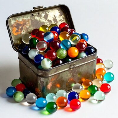 Open metal box with colorful marbles