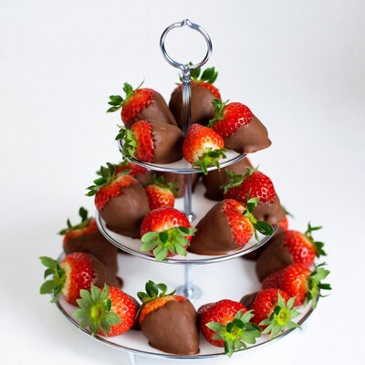 Chocolate covered strawberries on tiered stand