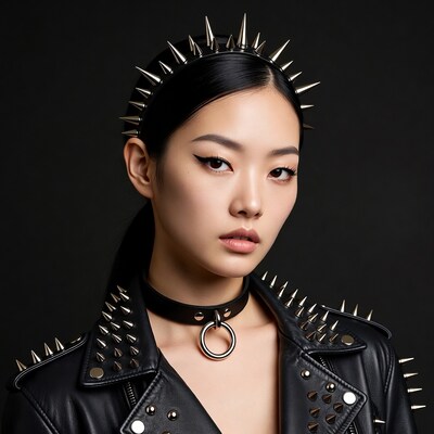 Asian woman in spiked leather jacket
