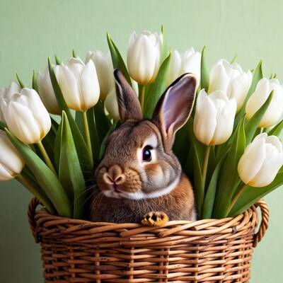Cute bunny in basket of tulips