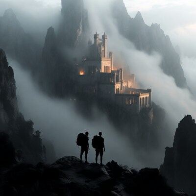 Hikers viewing misty castle on mountain