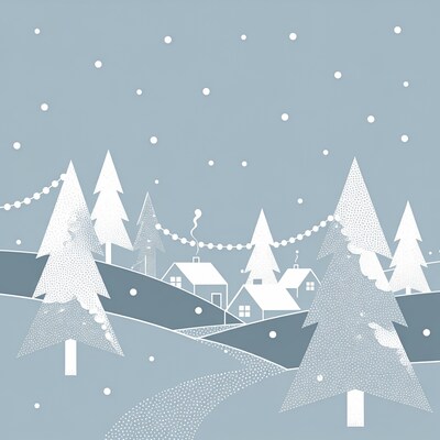 Winter village with snow covered trees