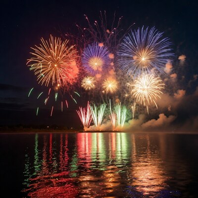 Fireworks over water at night