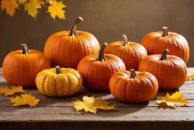 Pumpkins and autumn leaves on wood