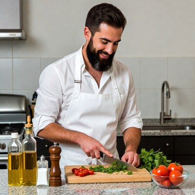 Bearded man chopping herbs