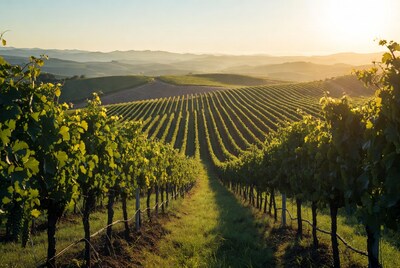 Vineyard rows at sunrise