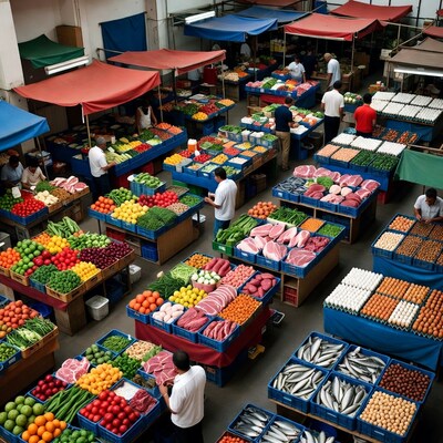 Busy indoor market with fresh produce