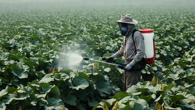 Farmer spraying crops in field