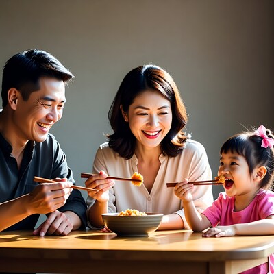 Asian family eating together