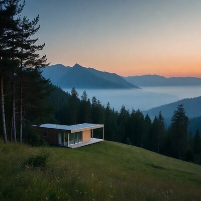 Modern cabin on mountain hill